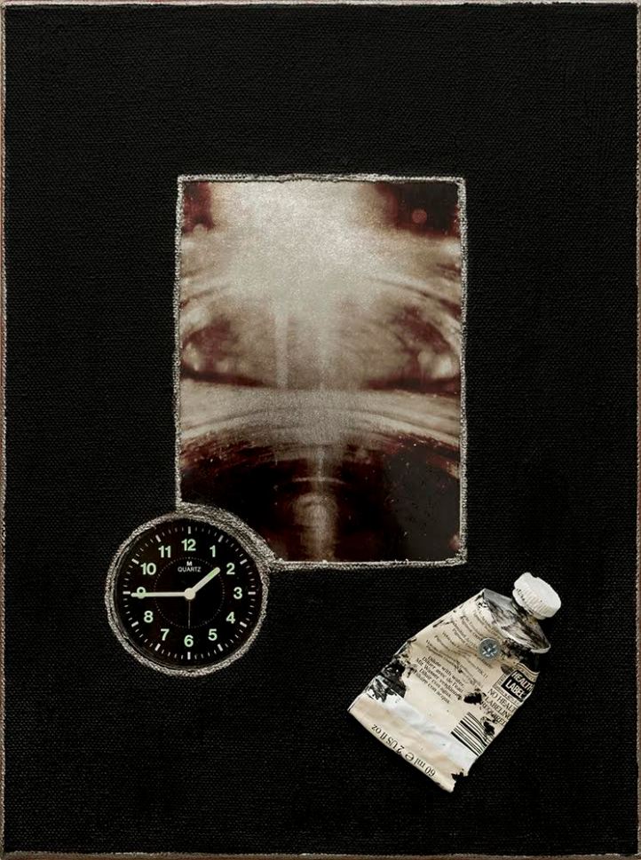 ‘Quarter of 2‘ By Jana Charl 2014 30.5 x 23 x 5cm Mixed media (pigment on metallic paper, acrylic on canvas, and found objects) My artwork is a reflection of art therapy related to insomnia and specifically tied to PTSD. The title is extracted from lyrics in an early Tom Waits album “Goin’ Down Slow.”