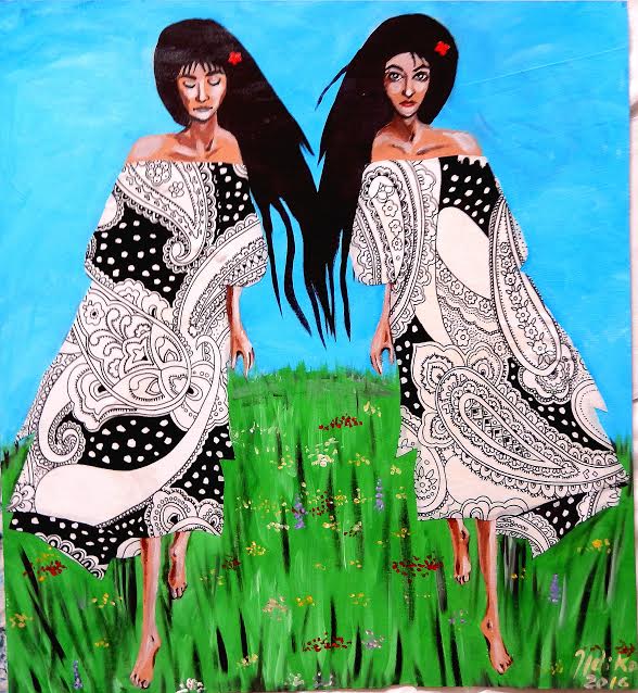 Roma girls - mixed media (acrylic paint and fabric on board) (55 x 60 cm) by Artist Ildiko Nova
